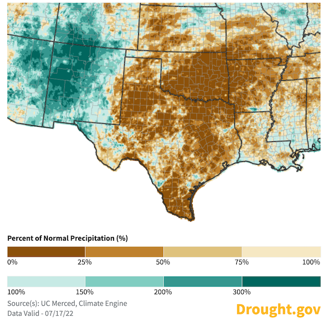 In the 30 days leading up to July 17, much of the Southern Plains, including western Texas, western Oklahoma, eastern New Mexico and southwestern Kansas, has received less than 25% of normal precipitation.