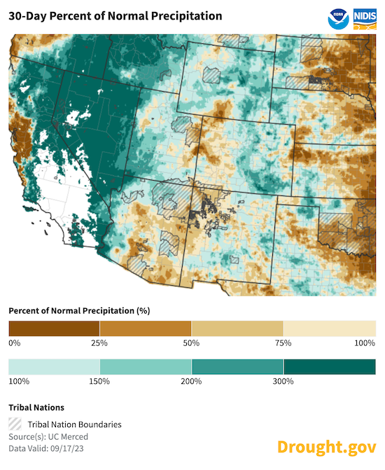 For the 30 days leading up to September 20, precipitation was below normal for western side of Colorado and New Mexico and much of Arizona. Eastern Colorado, and the majority o
f Utah and Wyoming had near to above normal precipitation. 