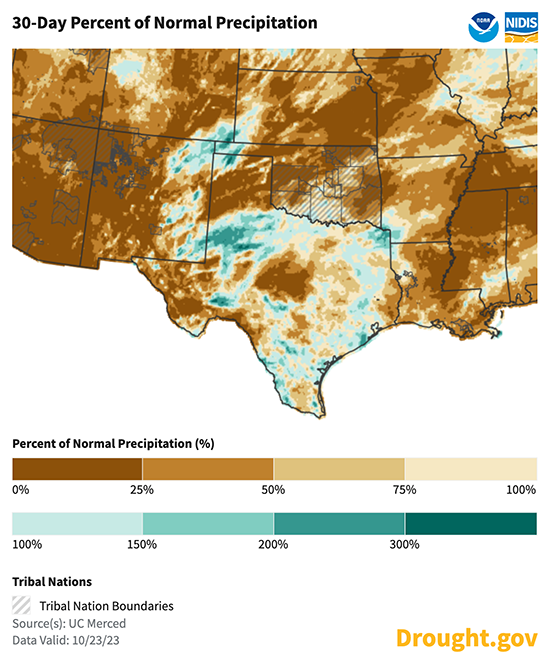 Over the last 30 days to October 23, 2023, much of the region has experienced near- or below-normal precipitation, with areas of above-normal precipitation in parts of Texas and the far-western Oklahoma panhandle.