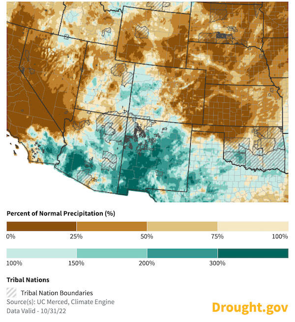 In the 30 days leading up to October 31, 2022, much of the Intermountain West had above normal precipitation through October. One stand-out exception is the eastern plains of Colorado. 