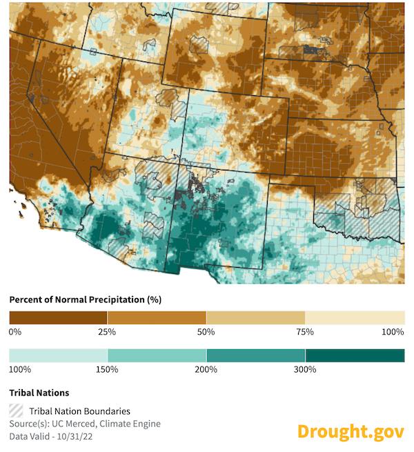 In the 30 days leading up to October 31, 2022, much of the Intermountain West had above normal precipitation through October. One stand-out exception is the eastern plains of Colorado.