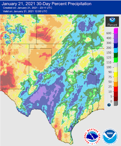 30-day percent of normal precipitation over the Southern Plains, as of January 21, 2021