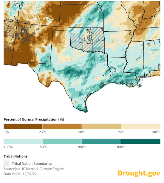 Map of the Southern Plains showing 30-day percent of normal precipitation. Much of the region, including northern Texas, Oklahoma, north eastern New Mexico and southeastern Kansas, has received less than 25% of normal precipitation over the last 30 days. 