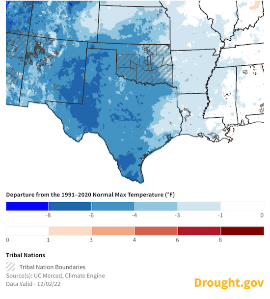 Map of the Southern Plains showing 30-day departure from normal maximum temperature. Much of the region has had persistently high temperatures over the past month. 