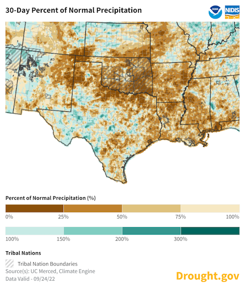 Much of the region, including northern Texas, Oklahoma, north eastern New Mexico and southeastern Kansas, has received less than 25% of normal precipitation over the last 30 days.