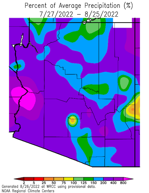 Percent of average precipitation for Arizona from July 27 to August 25, 2022