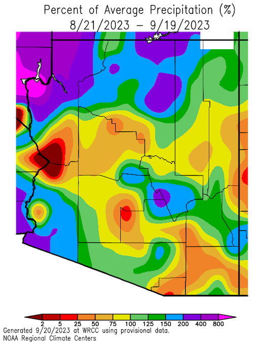 From August 19 to September 17, northern Arizona received above normal precipitation, while other parts of the state had below-normal precipitation.