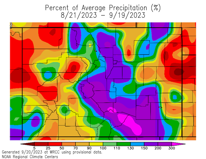 Colorado’s August precipitation was above- to much-above normal in the northern mountains and northern Front Range communities, but below normal in southern and eastern Colorado.