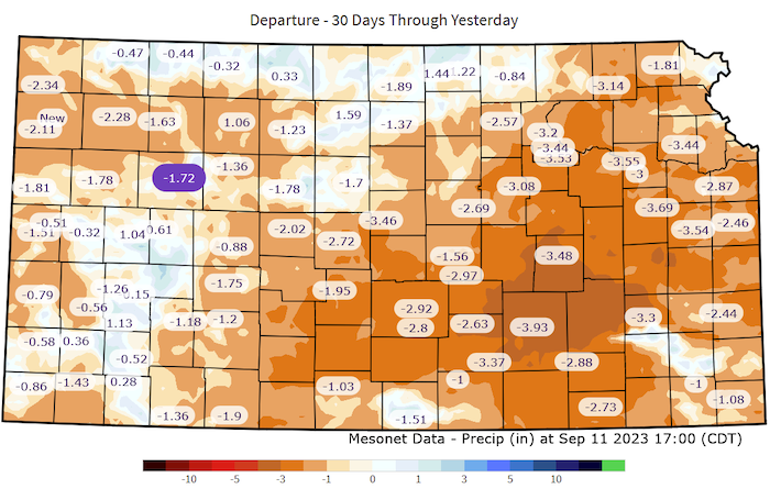For the 30 days leading up to September 11, sites through Kansas have seen precipitation deficits.