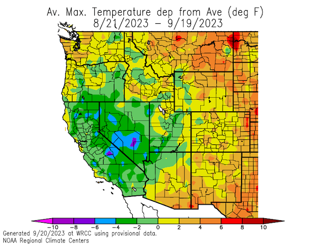 From August 21 to September 19, temperatures were near to above normal across New Mexico, Colorado, most of Wyoming, and southeastern Arizona. Parts of Utah and northwestern Arizona saw slightly below normal temperatures.
