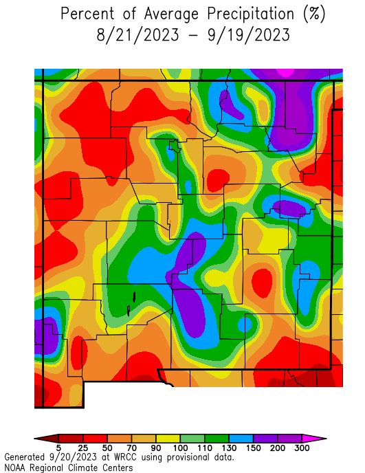 Percent of average precipitation for New Mexico for August 21–September 19.