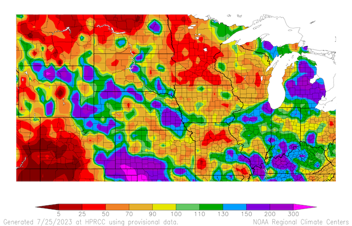 From June 15 to July 24, portions of Minnesota, Wisconsin, Missouri, eastern Kansas, northern North Dakota, northern Montana, and western Colorado have received below-normal precipitation. Other areas have received above-normal rainfall, with some areas receiving 150% to 300% above normal.