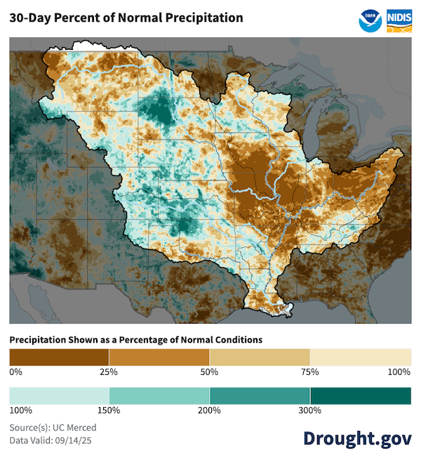 A significant portion of the Ohio River Basin and Lower Midwest states received only 0-25% of normal precipitation over the last 30 days.
