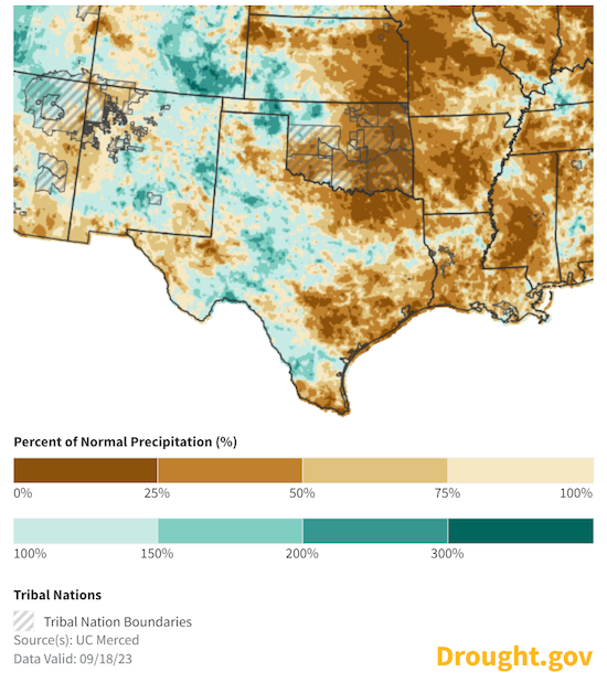 Over the last 30 days to September 18, 2023, parts of western and central Texas, western Kansas, and the Oklahoma Panhandle experienced near- to above-normal precipitation.