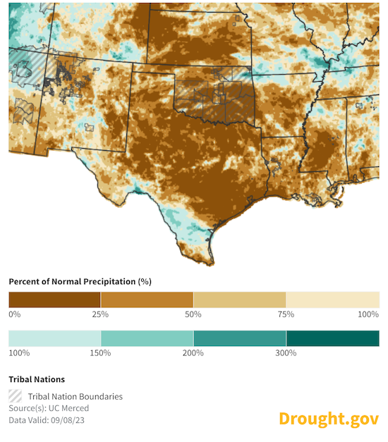  Over the last 30 days to September 18, 2023, much of the region has experienced below-normal precipitation.