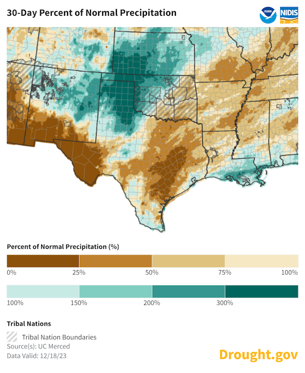  Over the 30 days to December 18th, precipitation was above normal for the Texas and Oklahoma panhandles and southwest Kansas, with areas of below-normal precipitation extending across southern New Mexico, Central Texas, and eastern Oklahoma.