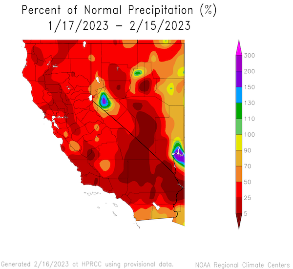 From January 17 to February 15, precipitation has been below normal for most of the region.