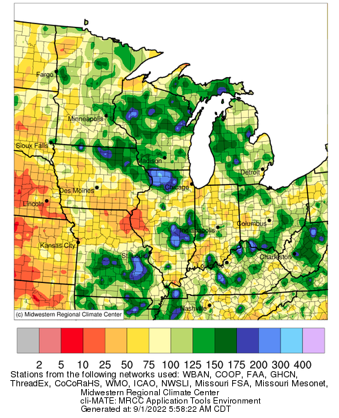 August 3 to September 1 precipitation has been below normal for southern Iowa, west-central Illinois, and northern Missouri.