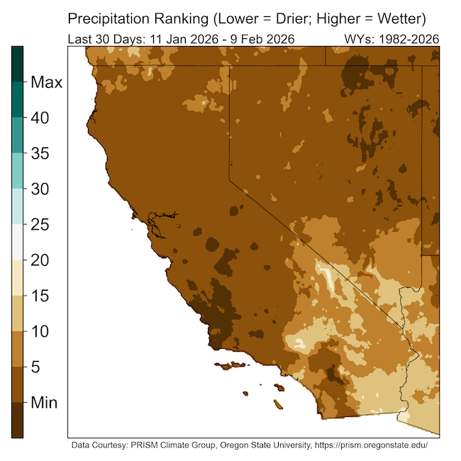  Map of California and Nevada of the historical ranking of total precipitation for the 30-day period January 11–February 9, 2026, compared to previous water years (1982–2026). This 30-day period ranked among the top 5 driest January 11–February 9 periods in the last 45 years throughout much of northern/central California and Nevada.Large areas of Southern California, the Central Valley, and Southern Nevada are shaded in dark brown, representing the driest rankings on record for this specific timeframe.