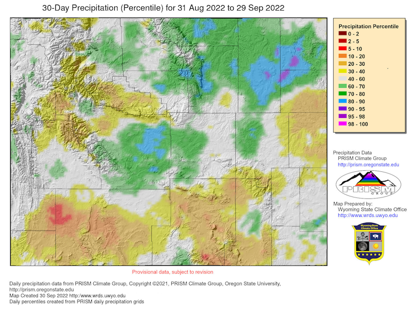 Central and northeast Wyoming received above median precipitation for the month while much of the south, east-central, and, to a lesser extent, parts of the northwest were below median.