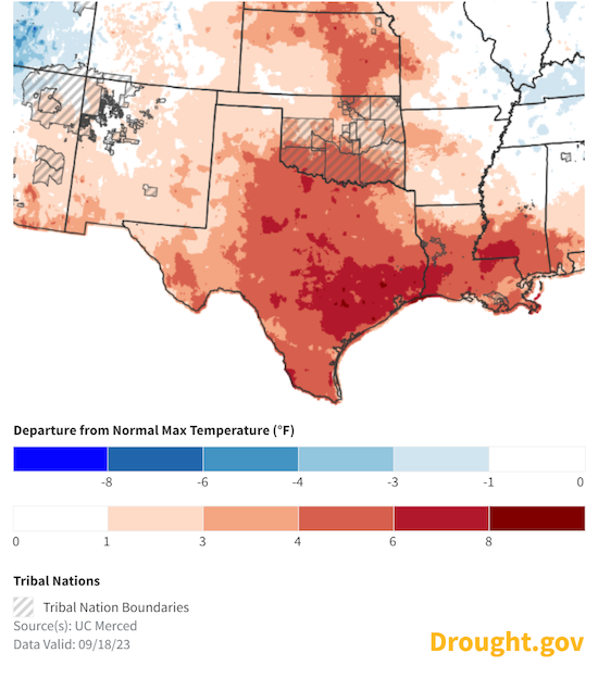For the 30 days leading up to September 18, temperatures across Texas and Louisiana were 4 to 8 ºF above average. And 3 ºF to 6 ºF above average for parts of Kansas and Oklahoma. 