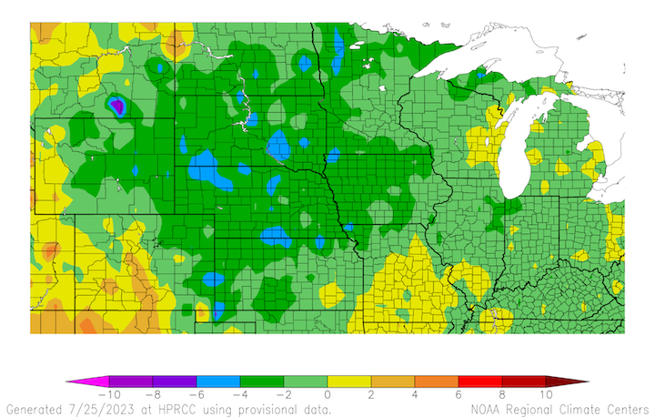 From June 25 to July 24, 2023 temperatures were near-normal or cooler-than-normal across most of the north central U.S. Portions of Missouri and eastern Wisconsin, as well as western regions of Montana, Colorado, and Wyoming, had near to above normal temperatures.