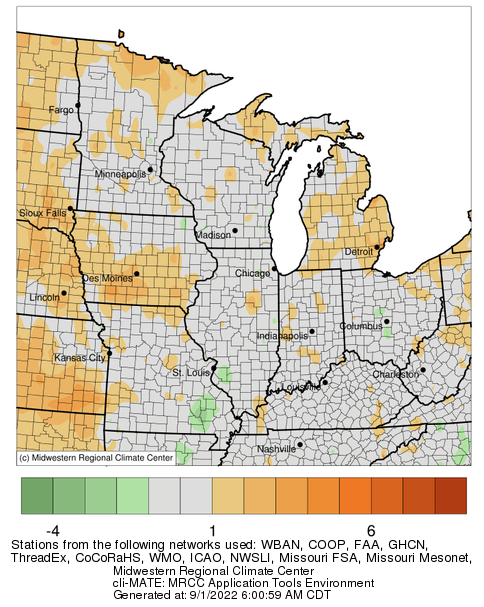 From August 3 to September 1, most of the Midwest has seen near- to above-normal temperatures.