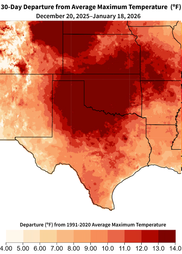 From mid December to mid January, temperatures were eight to twelve degrees above normal across most of the Southern Plains region.