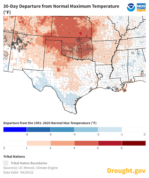  Much of the Southern Plains has had persistently high temperatures over the past month. 