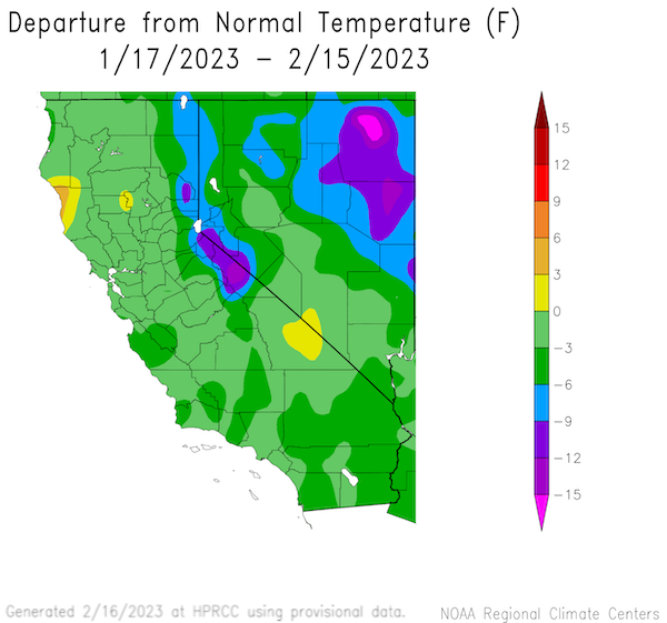 From January 17 to February 15, most of the region has experienced temperatures between 0 and 6 degrees below normal, with the Tahoe region showing even cooler temperatures.