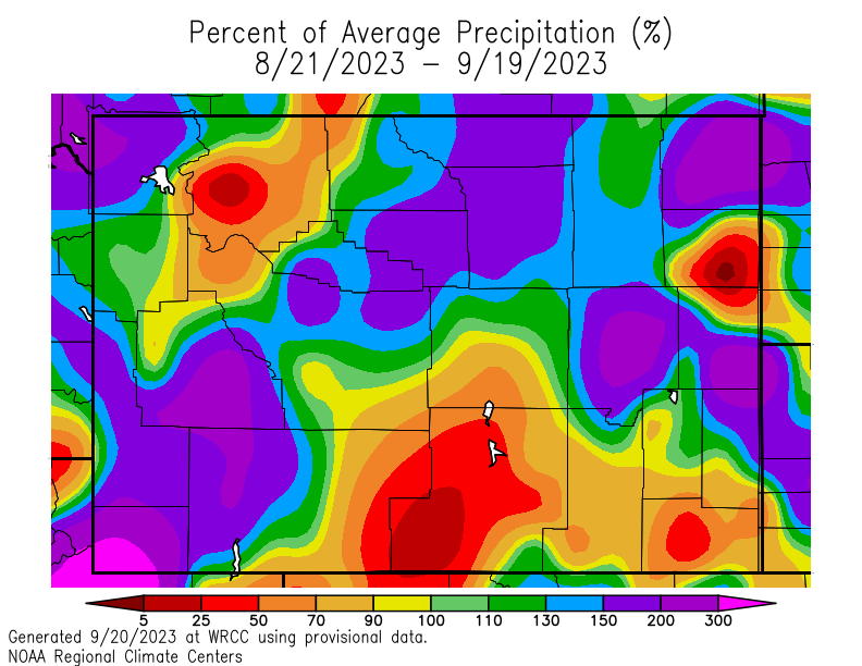 Percent of average precipitation for Wyoming for August 21–September 19.