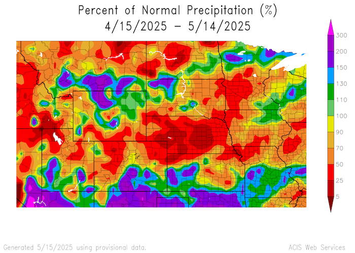 Most of Nebraska has only received 5% to 50% of normal precipitation from April 15–May 14, 2025. Other areas, including northeastern Colorado, northern Kansas, South Dakota, eastern Montana, and western North Dakota have also received below-normal precipitation (50% to 90% of normal). Isolated areas of the basin states have received near-normal to above-normal precipitation (100% to 200% of normal). 