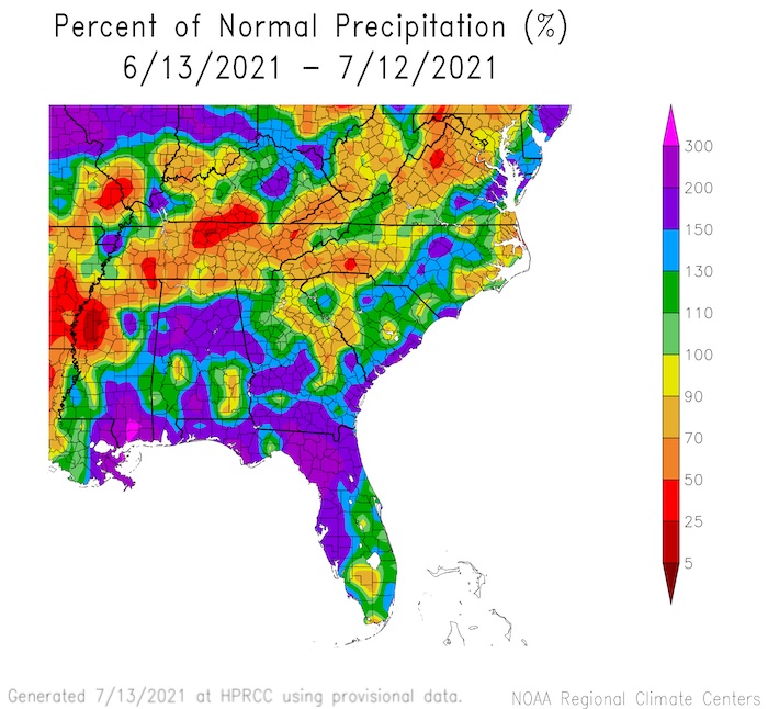 Percent of normal precipitation for June 13 to July 12, 2021 for the Southeast U.S. Precipitation was varied across the Southeast.