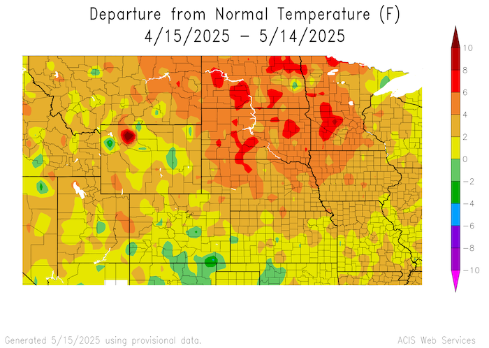  Over the last 30 days temperatures were above normal across all of the Basin states. Isolated parts of North Dakota and South Dakota saw temperatures that were 6 to 8 degrees above normal. 