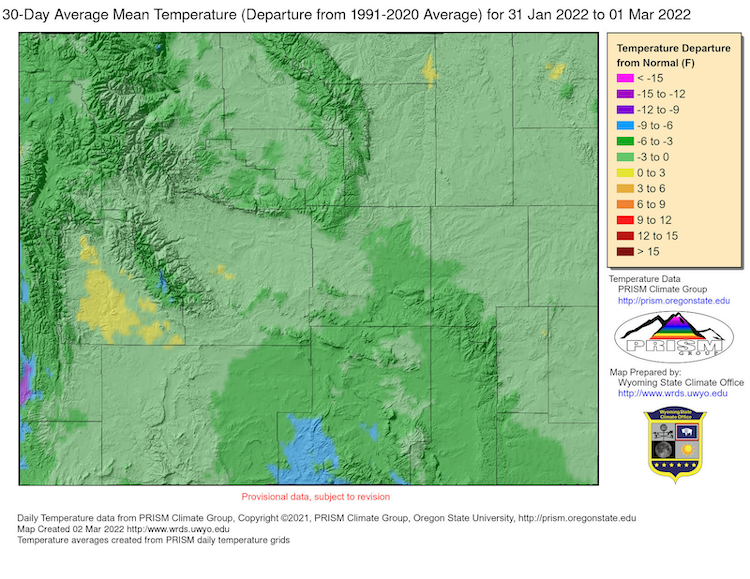 30-day average mean temperature as a departure from the 1991-2020 average for Wyoming. Bitter cold the last week of February brought average mean temperatures for the month to below average for all but parts of Sublette County and scattered pockets in the northeast.