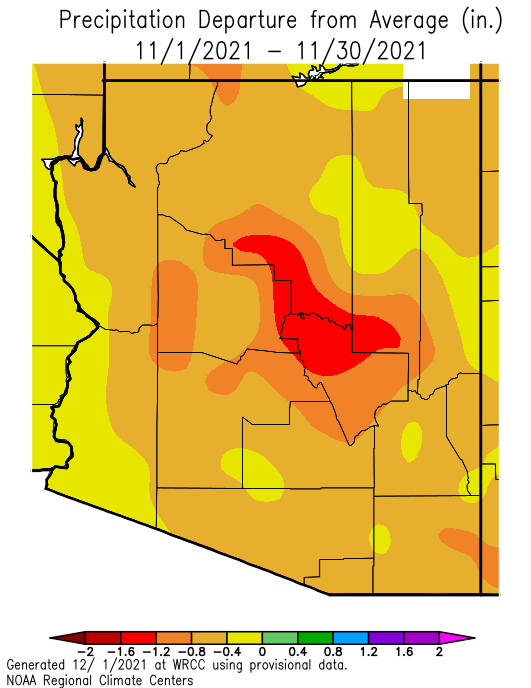 Departure from average precipitation across Arizona for November 1–30, 2021. November precipitation was below to well-below average across Arizona. 