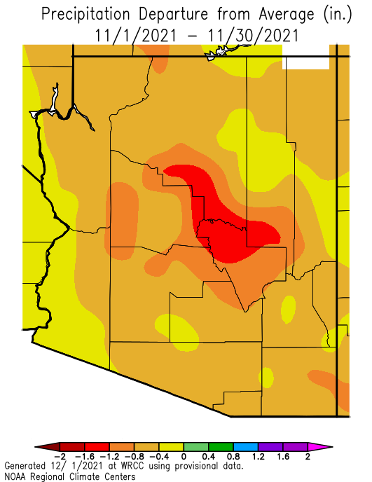 Departure from average precipitation across Arizona for November 1–30, 2021. November precipitation was below to well-below average across Arizona.