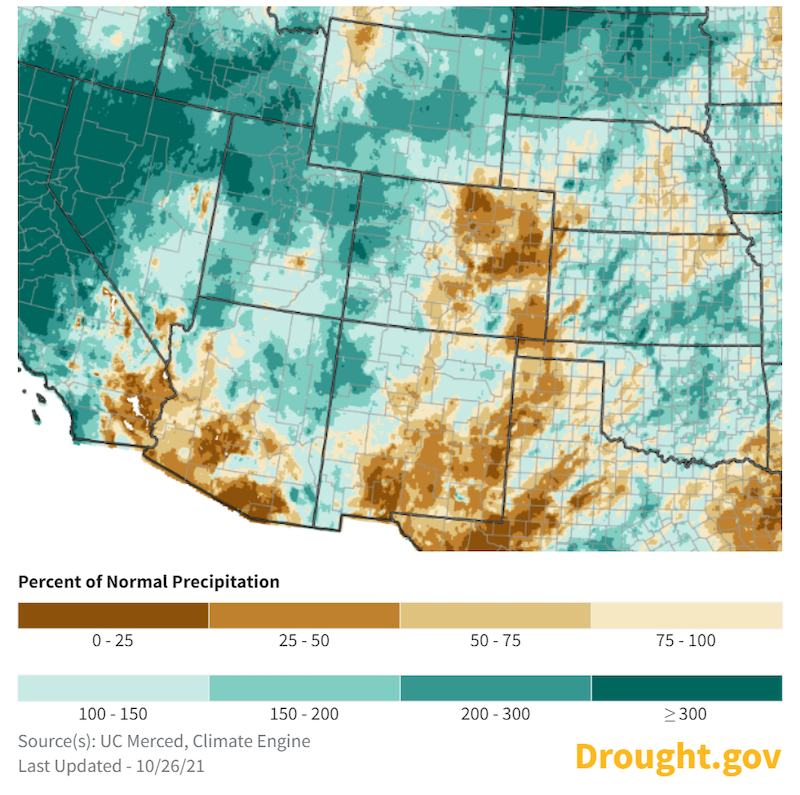 Map of the western United States showing percent of normal precipitation for the 30 days from September 28 to October 26, 2021. Southern Arizona, eastern Colorado and eastern New Mexico have had less than 25% of normal precipitation for this period. Northern Utah, northern Arizona, western Colorado and southern Wyoming have had 100 to 150% of normal precipitation for the period.