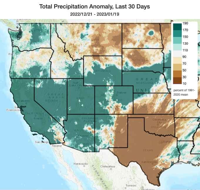 Precipitation anomalies over the 30 day period from 12/21/22 to 1/19/23, showing precipitation 170%-190% above normal over the West from California inward through the midwestern U.S. 