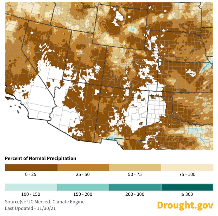 Map of the western United States showing percent of normal precipitation for the 30 days from November 1–30, 2021. Southern Arizona, eastern Colorado and eastern New Mexico have had no measurable precipitation during this period. The majority of the rest of the region received less than 25% of normal precipitation for this period.