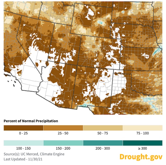 Map of the western United States showing percent of normal precipitation for the 30 days from November 1–30, 2021.   Southern Arizona, eastern Colorado and eastern New Mexico have had no measurable precipitation during this period. The majority of the rest of the region received less than 25% of normal precipitation for this period. 