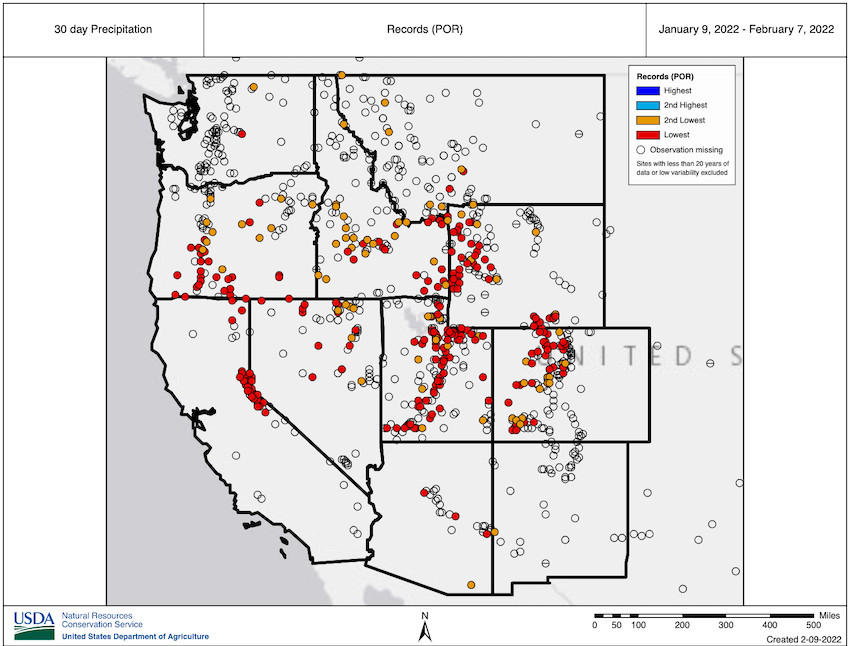 30-day accumulated precipitation, prior to February 7, 2022, at NRCS SNOTEL and Cooperative snow sensors over the western U.S. Many locations observed the lowest (red) or second lowest (orange) amount of precipitation for this 30-day period, relative to their period of record.