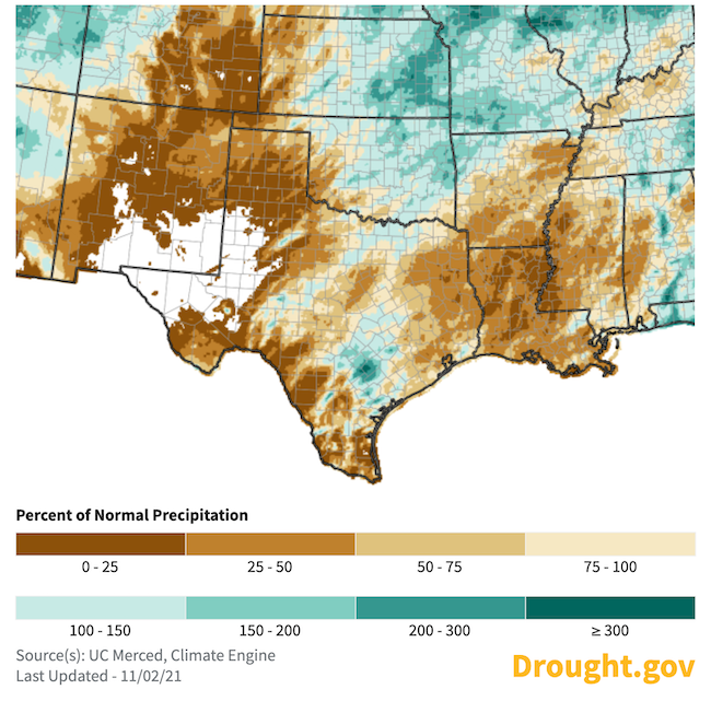 30-day percent of normal precipitation for the Southern Plains through November 2, 2021. recipitation over the last 30 days has been only about 25% of average for western Texas, the Oklahoma panhandle and far western Kansas