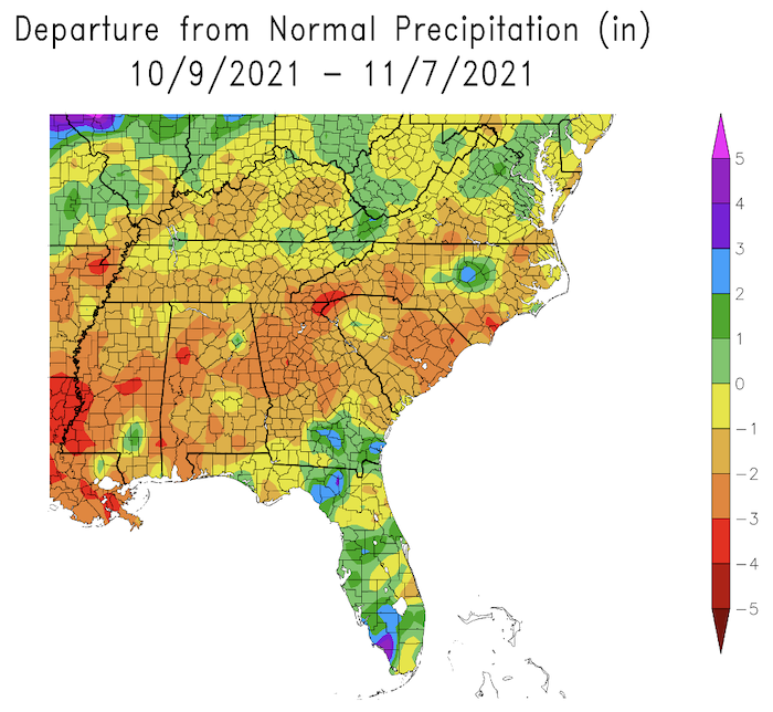 30-day departure from normal precipitation for the Southeast, from October 9 to November 7, 2021. There were pockets of above average precipitation, but precipitation was below average for most of the region.