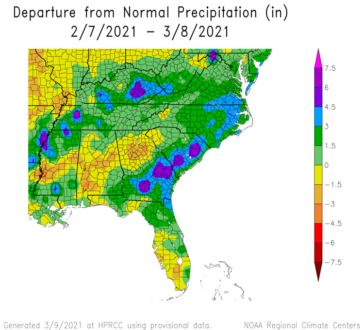 Precipitation departures from normal across the Southeast from February 7 to March 8, 2021. Shows varied precipitation across the region, with above-normal precipitation for eastern South Carolina and Southern Georgia and below-normal for Alabama