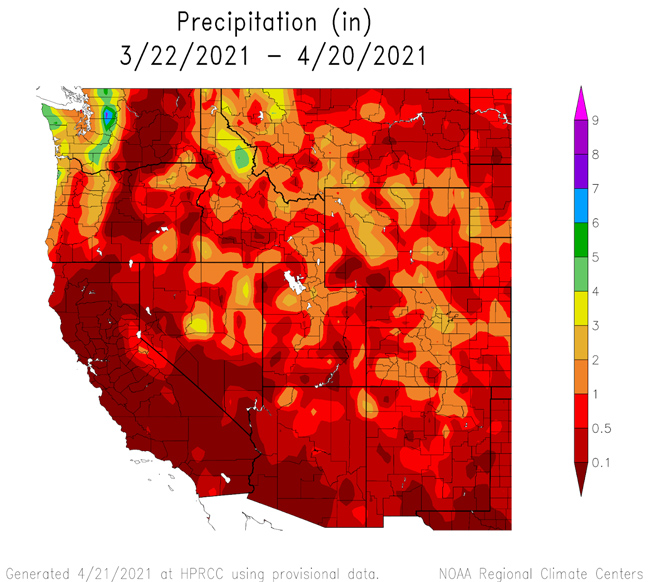 30-day precipitation totals (in inches) for the Western U.S. through April 20, 2021.