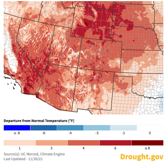 Map of the western United States showing departure from normal temperatures for the 30 days from 1 to 30 November. The whole region saw above average temperatures for the period.  