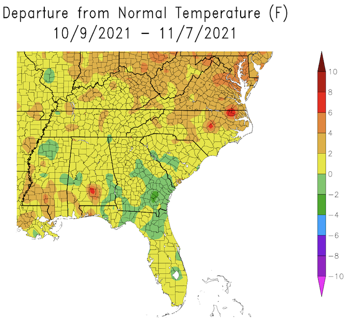 30-day departure from normal temperature for the Southeast, from October 9 to November 7, 2021. Temperatures were above average for Virginia, North Carolina and Puerto Rico and near average for the rest of the Southeast region.  