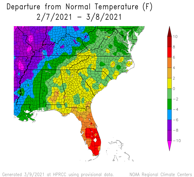 Temperature departures from normal across the Southeast from February 7 to March 8, 2021. Shows near-average temperatures across much of the region, with above-average temperatures in Florida.