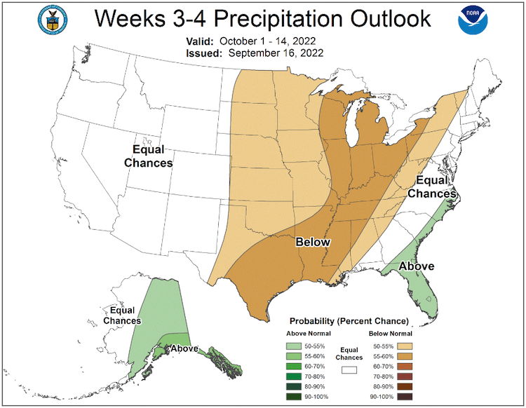From October 1–14, 2022, there are equal chances of above- and below-normal precipitation in most of the Northeast. Odds favor below-normal conditions in northern and central New York and northwestern Vermont.